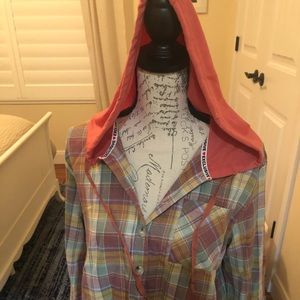 Long sleeve, plaid hooded shirt